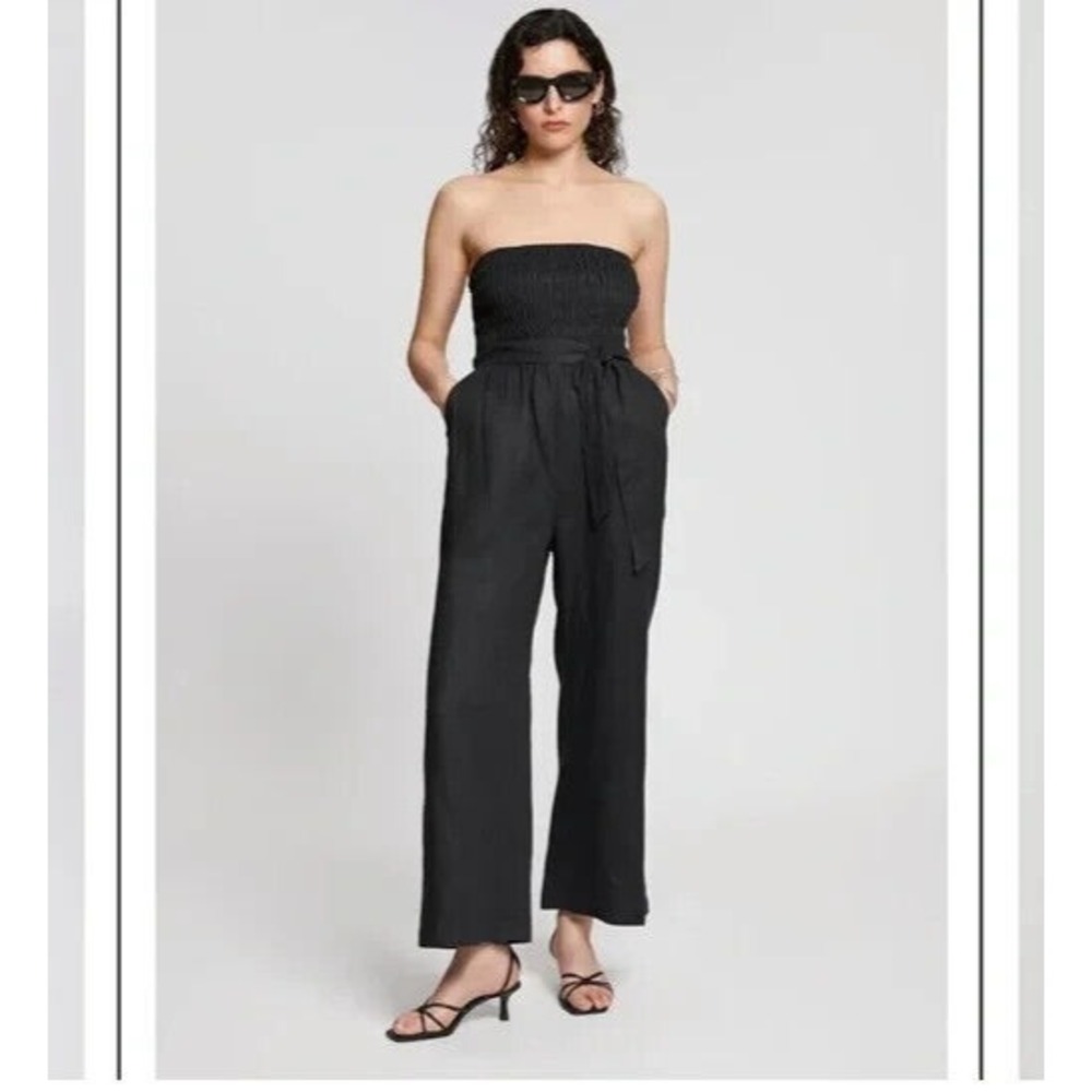 Other Stories Linen Jumpsuit Womens 8  Black Smocked Strapless Wide Leg